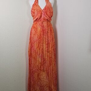 Aakaa Womens Dress Sz S Halter Pleared Maxi Orange Floral W Belt Tie